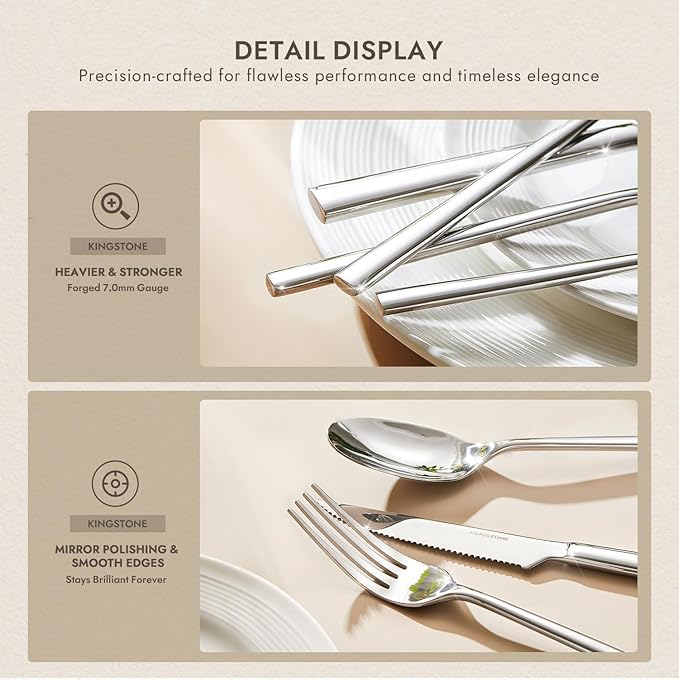 KINGSTONE Silverware Set with Steak Knives, 48-Piece Forged Flatware Set Cutlery Set Premium Stainless Steel, Service for 8, for Kitchen, Home, Wedding, Party, Mirror Polished and Dishwasher Safe