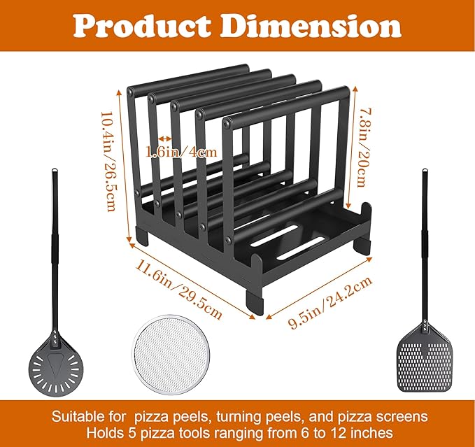 lesolar Pizza Peel Rack with 5 Slots, Steel Pizza Turner Pizza Paddle Organizer, Pizza Holder Rack with Non-Slip Feet, Pizza Turning peel Holder Rack Space Saving, Outdoor Pizza Oven Accessories