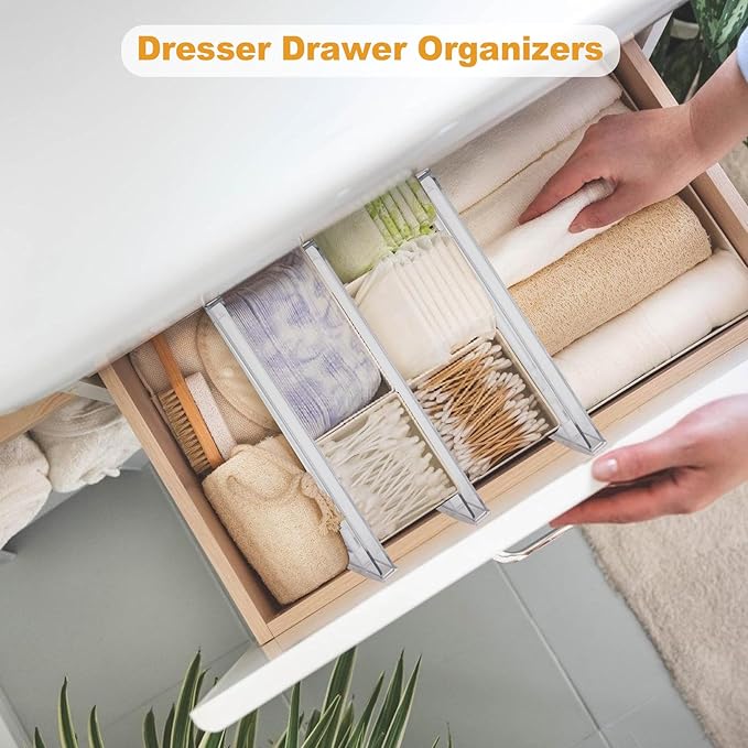 4 Pack Drawer Dividers for Clothes, 4" High 10"-17" Drawer Dividers Adjustable Expandable Dresser Drawer Organizers, Clear Dresser Separators for Clothes, Underwear, Baby Clothes, Cosmetic, Toiletries