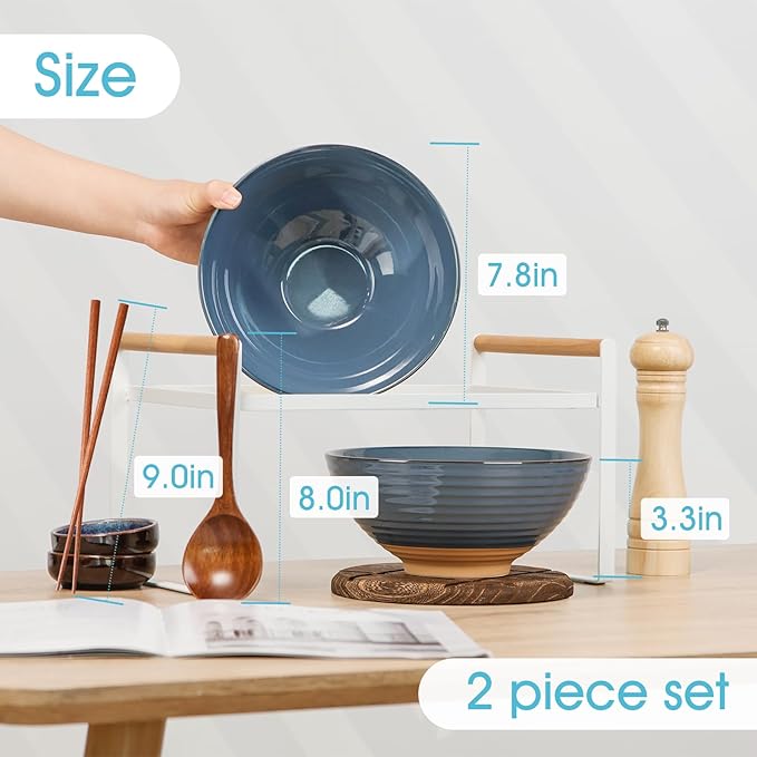 NUTRIUPS Set of 2 Ceramic Ramen Bowls with Spoons & Chopsticks, 40oz Large Soup Bowls for Udon, Miso, Noodles (Ocean & Earth)