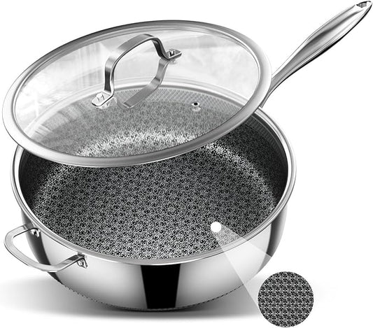 5 Qt Saute Pan with Lid, 5 Ply Stainless Steel Pan with Lid, Non Stick Frying Pans, Cooking Pot Deep Frying Pan Non-Toxic, For Induction, Oven, Dishwasher Safe