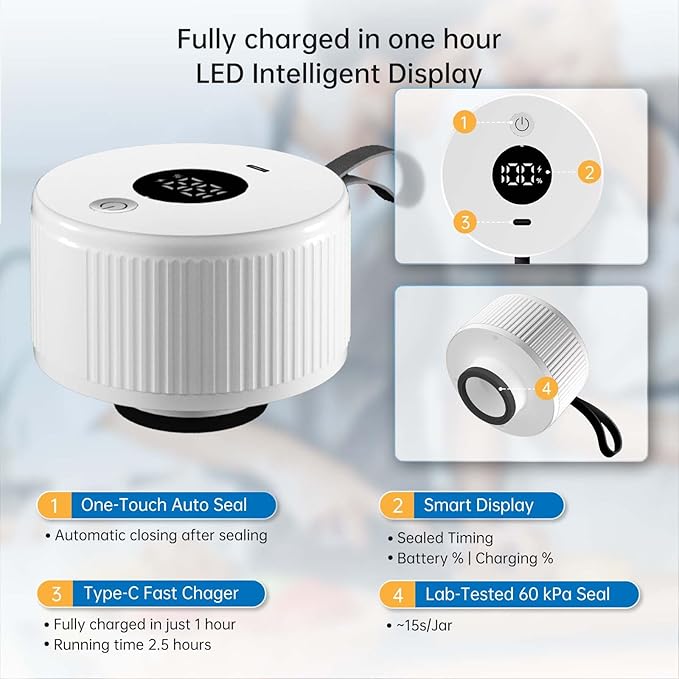 Electric Mason Jar Vacuum Sealer Kit, 3-in-1 Handheld Automatic Vacuum Sealer for Mason Jars, Canning Sealer Machine for Jars, Containers, Vacuum Bags | Present for Mom, White