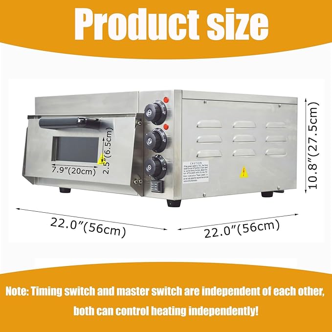 110V Commercial Pizza Oven Single-Deck Electric Countertop Pizza Baking Machine 2KW Stainless Steel Portable Oven with Time Control 0-120min for Home and Restaurant