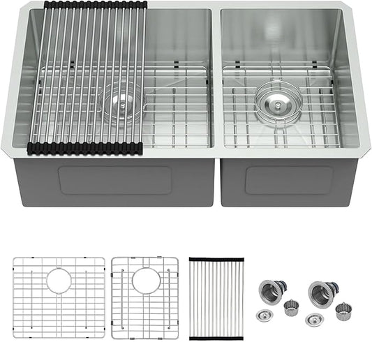 Mocoloo 33 Inch Undermount Kitchen Sink Double Bowl - 60/40 Stainless Steel Double Bowl Under Counter 16 Gauge Kitchen Sinks Handmade, 33x19x10 Inch