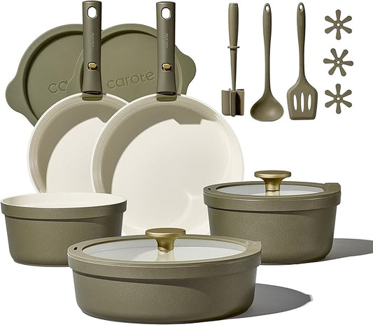 Carote 21pcs Ceramic Cookware Set with Detachable Handles, Pots and Pans Set Non Stick, RV Kitchen Cooking Pot and Pan, Dishwasher Safe, Non-toxic Induction Cookware PFAS and PFOA Free, Green