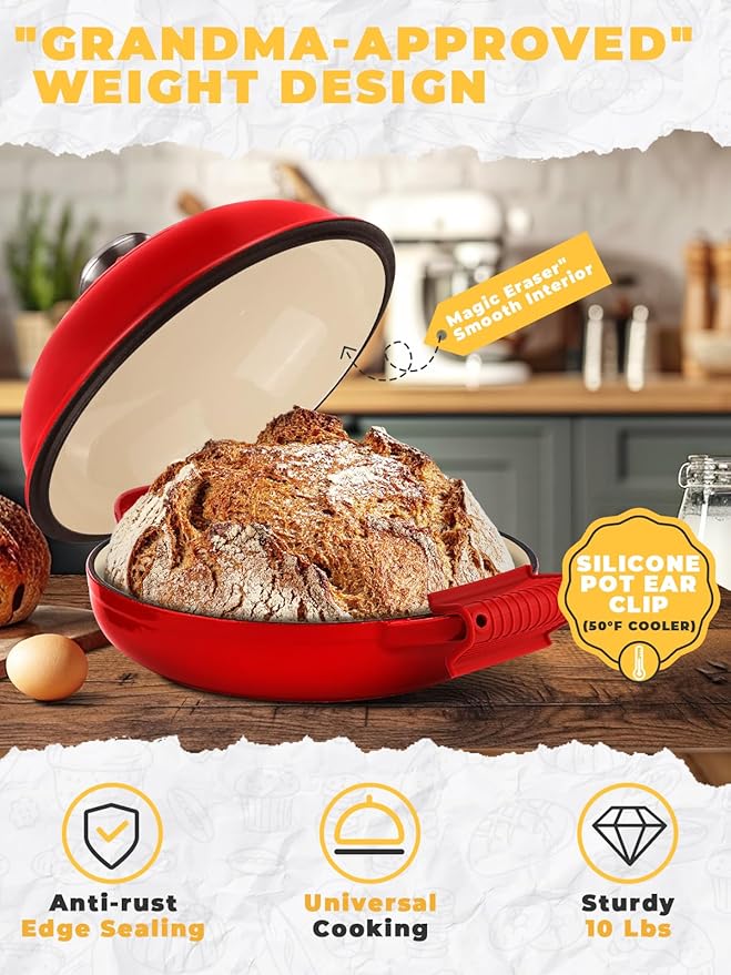 Dutch Oven Bread Baking Pot with Lid 6QT Enameled Cast Iron Oven, Gradient Red Design & Complete Sourdough Kit (Banneton Basket, Dough Tools, Silicone Sling) for Artisan Bread Making
