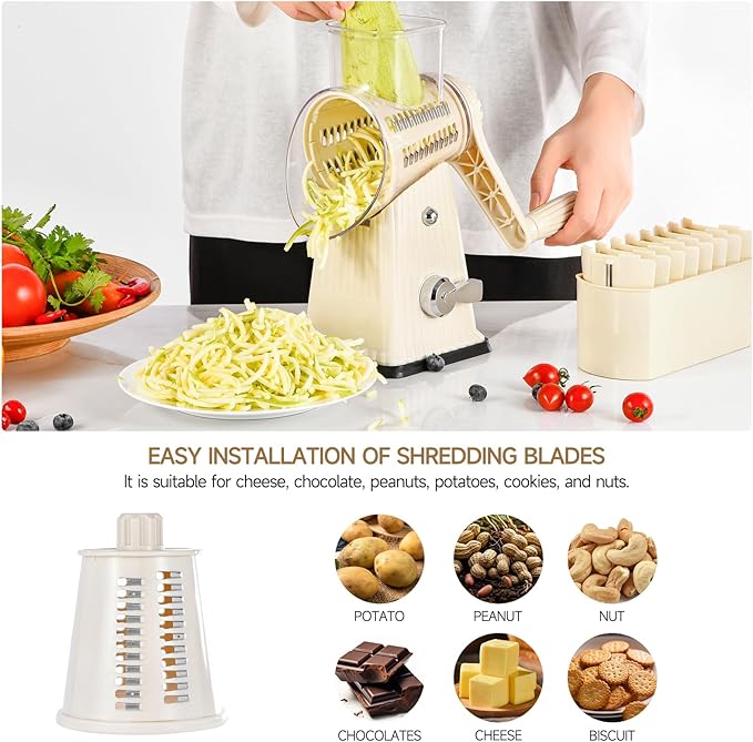 Xilrvna RotaryCheese Grater,VegetableShredder 5 in 1 Cheese Grater with HandleedderReinforcedSuction,EasytoClean,KitchenChopperforCrushedIce,Fruits and Nuts with Blade Storage Case（White