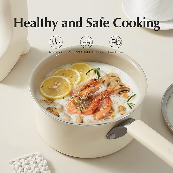 Redchef Ceramic Nonstick Saucepan with Lid, 2.5QT Small Cooking Pot, Non Toxic Sauce Pans for Kitchen, Cool Handle PFAS Free Compatible with All Cooktops, White