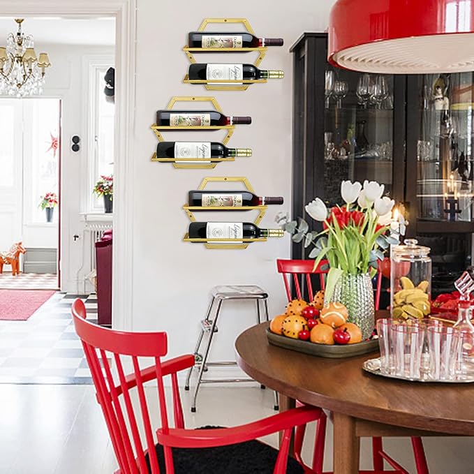 2Pcs Wall Mounted Wine Bottle Rack, Metal Hanging Wine Display Holder Organizer, Red Wine Racks for Home Kitchen Bar Decor Storage(Gold)