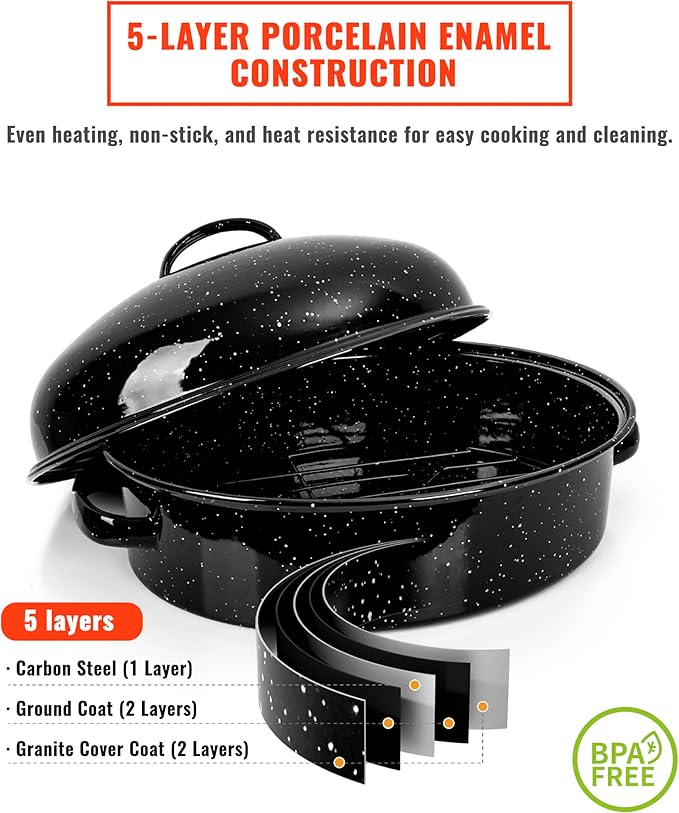 Enamel Granite Roasting Pan with Lid 18 Inch with Rack, Extra Large Deep Oven Baking Pot, NonStick Oval Carbon Steel Potato Roaster Pan for Turkey Chicken Steak NonToxic Perfect for Party Thanksgiving