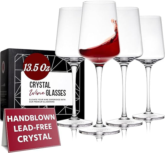 Gusto Nostro Crystal Wine Glasses Set of 4, 13.5 Oz Long Stem Modern Wine Glasses for White and Red Wine, Dishwasher Safe, Fancy, Elegant, Large and Tall Wine Glass for Wedding Christmas Anniversary