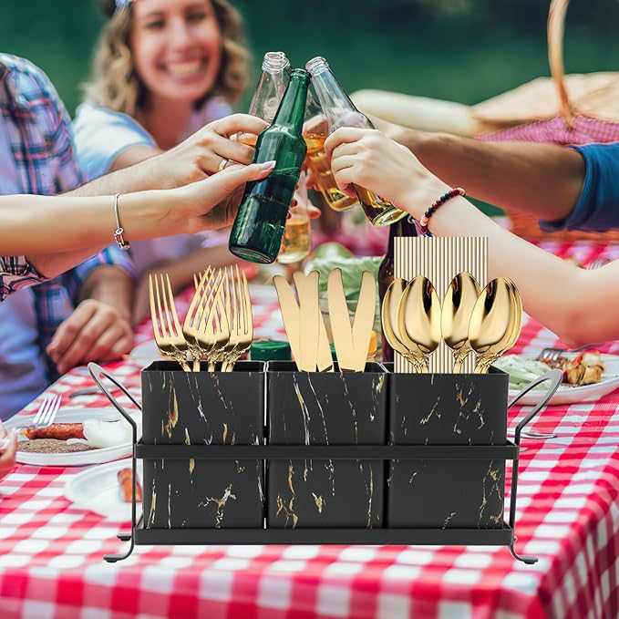 Kitchen Utensil holder for Countertop, Silverware Caddy,Golden Marble Black Flatware Holder Utensil Cutlery Organizer for Party Gatherings, Metal and Durable Design