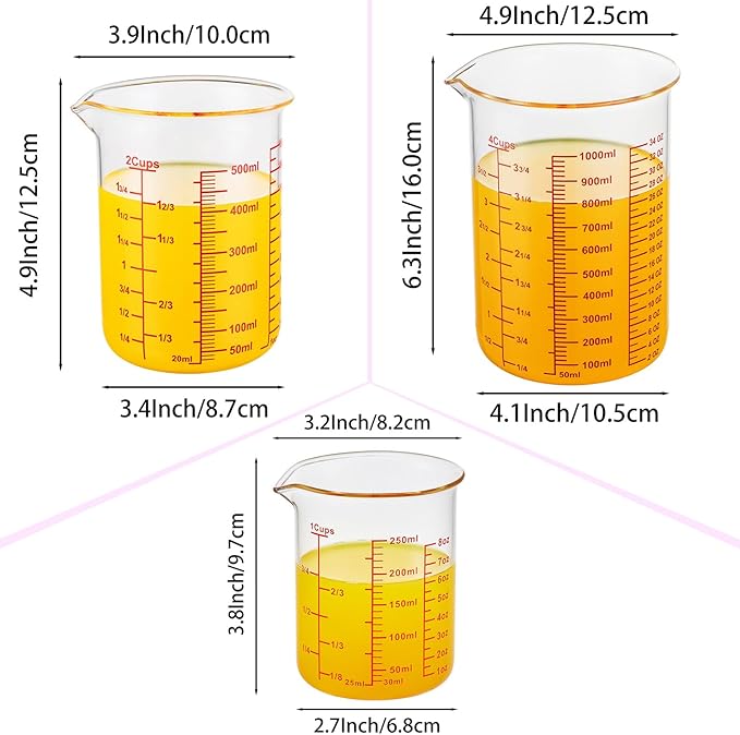 High Borosilicate Glass Measuring Cup Set-V-Shaped Spout，Includes 250ml(8OZ), 500ml(16OZ), and 1000ml(32OZ) Glass Measuring Beaker for Kitchen or Restaurant, Easy to Read