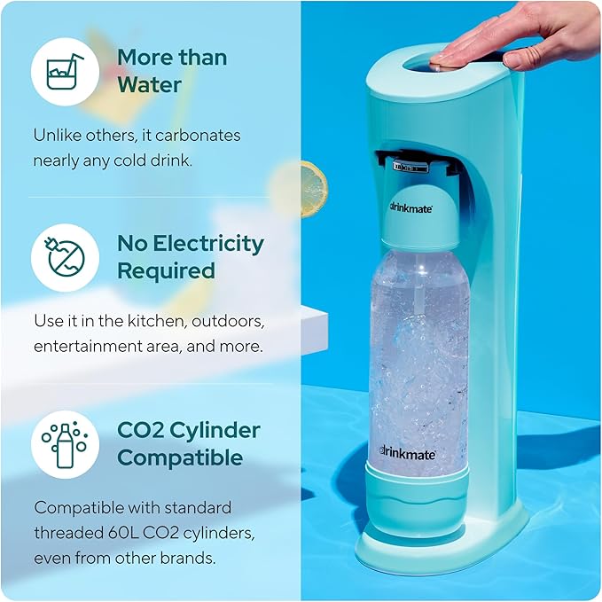 Drinkmate OmniFizz Sparkling Water and Soda Maker, Carbonates Any Drink, ULTIMATE BUNDLE - Includes three 60L CO2 Cylinders, Two Carbonation Bottles, and Fizz Infuser (Arctic Blue)