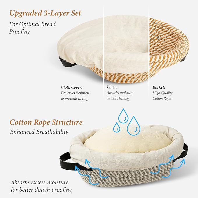 Handmade Cotton Rope Banneton Bread Proofing Basket Set, 50oz Sourdough Starter Jar - Oval & Round Bread Baskets, Sourdough Starter Kit, Bread Making Tools Kit, Black
