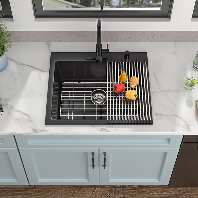 25"x22" Granite Composite Kitchen Sink – Matte Black Drop In Topmount Granite Quartz Classic Above Counter Single Bowl Sink Basin