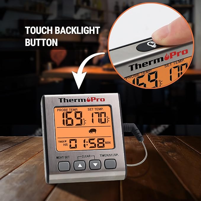ThermoPro TP16S Digital Meat Thermometer for Cooking and Grilling, BBQ Food Thermometer with Backlight and Kitchen Timer, Grill Temperature Probe Thermometer for Smoker, Barbecue, Oven, Baking,Oil