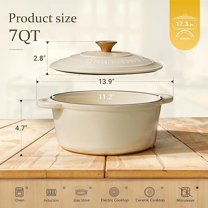 Overmont Enameled Cast Iron Dutch Oven - 7QT Pot with Lid Cookbook & Cotton Potholders - Heavy-Duty Cookware for Braising, Stews, Roasting, Bread Baking Cream White