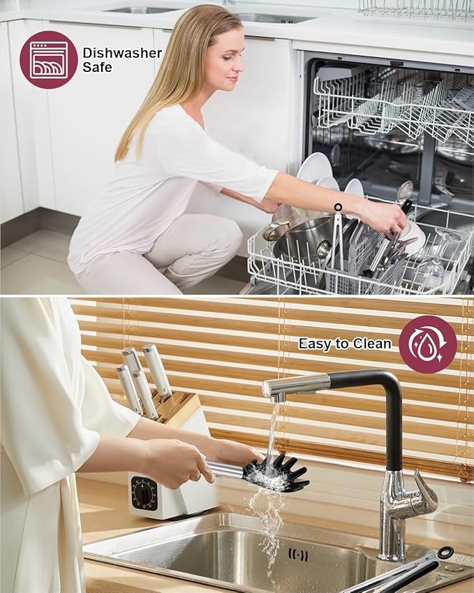 Silicone Spaghetti Spoon and Pasta Tong, Heat-Resistant Noodle Spoon Server, 13“ BPA-Free Spaghetti Strainer, Fork with Teeth and Stainless Steel Handle, Food-Grade Clip for Pasta, Black