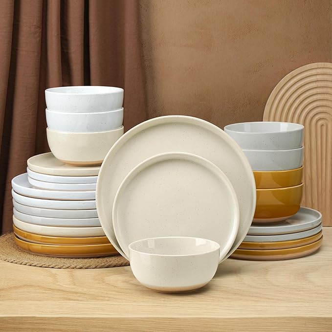 24 Pieces Farmhouse Stoneware Dinnerware Set for 8, Speckled Ceramic Plates and Bowls Set, Matte Terracotta Underside Ceramic Dish Set Scratch Resistant Microwave Dishwasher Safe (Autumn Melody)