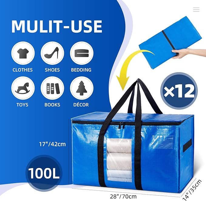 TAILI Extra Large Moving Bags, 12 Pack Blue Heavy Duty Totes for Storage with Visible Window, Wrap Around Handles, Storage Bags for Space Saving, Alternative to Moving Boxes
