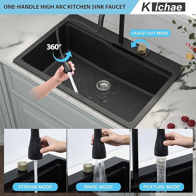 Kichae 33 Kitchen Sink Drop In Waterfall - 33"x22" Black Granite Quartz Composite Smart Single Bowl Waterfall Workstation with Pull Down Faucet Combo
