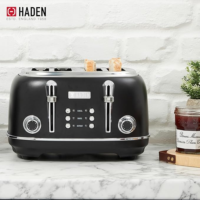 Haden Heritage 4 Slice Wide Slot Stainless Steel Toaster with Adjustable Browning Control & Non-Slip Feet, Black & Chrome