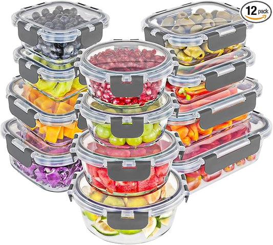 Magic Mill Premium Borosilicate Glass Food Storage Containers with lids Set | 24pc Sets with 12 Bowls & 12 Airtight Locking Lids for Lunch & Meal Prep, Safe for Oven, Freezer, Dishwasher, BPA-Free