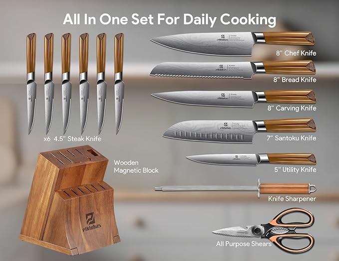 Kitchen Knife Sets With Block, Piklohas 15 Pieces Knife Sets With Magnetic Detachable Knife Holder, High Carbon Steel Damascus Pattern Chef Knife Set With Steak Knives, Ideal For House Warming Gift