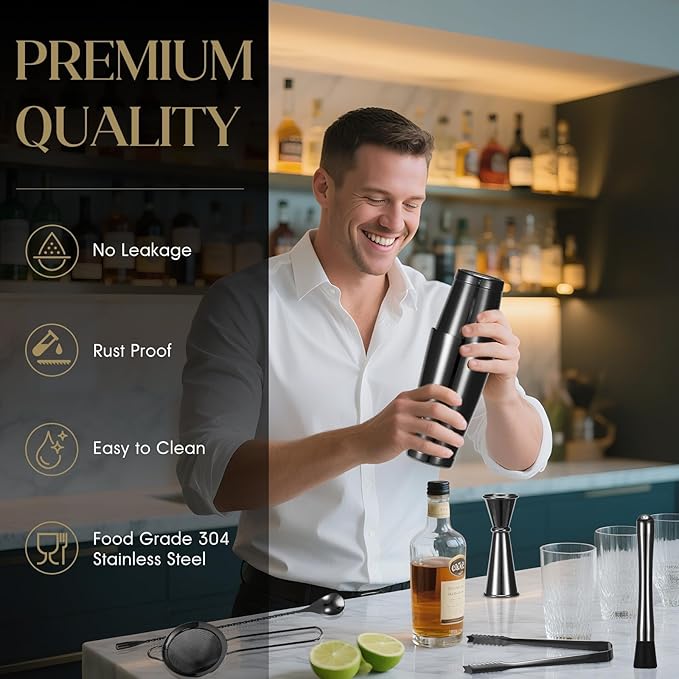 Black Cocktail Shaker Set 12-Piece - Stainless Steel Mixology Bartender Kit with 30oz+20oz Boston Shaker Tins, Japanese Jigger, Hawthorne Strainer and Bar Set for Home Bartending | Housewarming Gift
