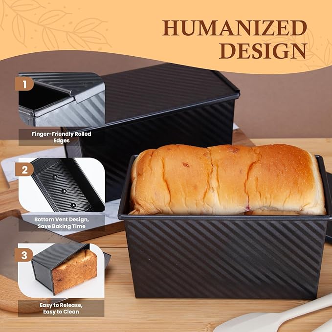 CARTMAN Bread Loaf Pan 2 Pack, 9x4 Pullman Loaf Pan with lid and a Silicone Spatula and Basting Pastry Brush, 1 lb Dough Capacity,Non-Stick Carbon Steel bread pans for homemade bread