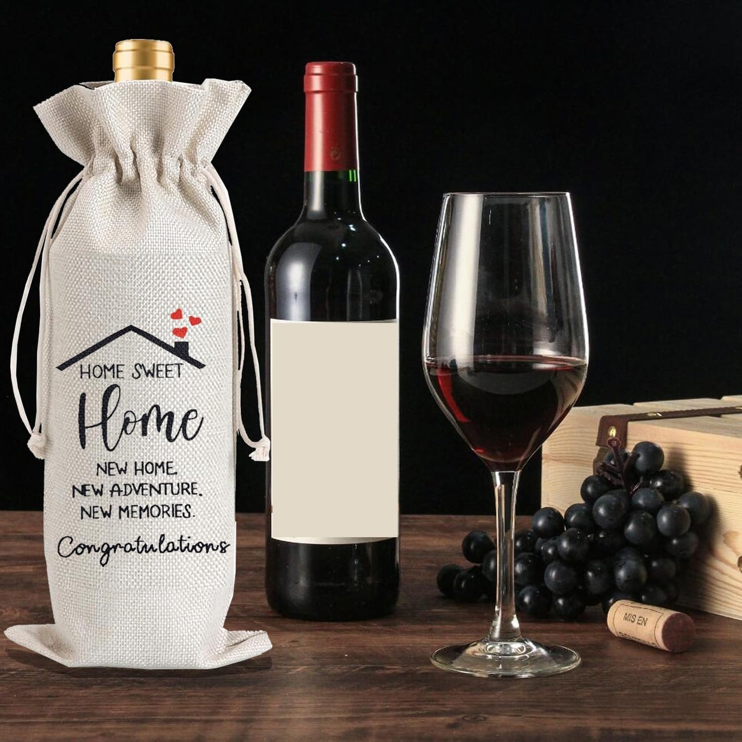 Julont 1Pcs Housewarming Gifts New Home Wine Bag,Perfect Gifts for New Homeowners, Realtor Gift to Clients,New Home Wine Bag For Friends, with 1Pcs Kraft Blessing Cards and natural jute rope