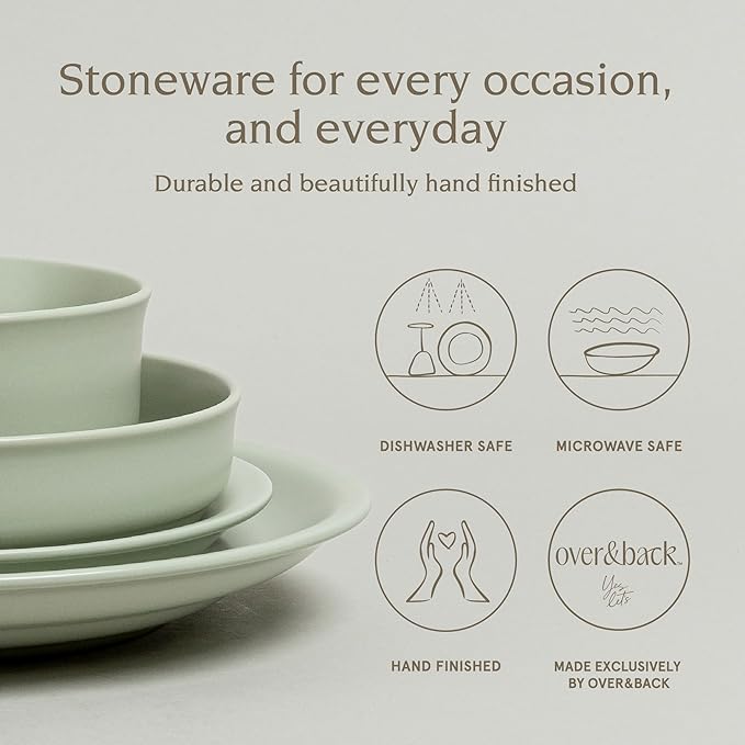 over&back Rim Dinnerware Set - Stoneware Dishes - Comes with 4 Dinner Plates, Salad Plates, Cereal Bowls, and Dinner Bowls - 16-Piece All-Occasion Place Settings - Serves Four - Semi-Matte Sage