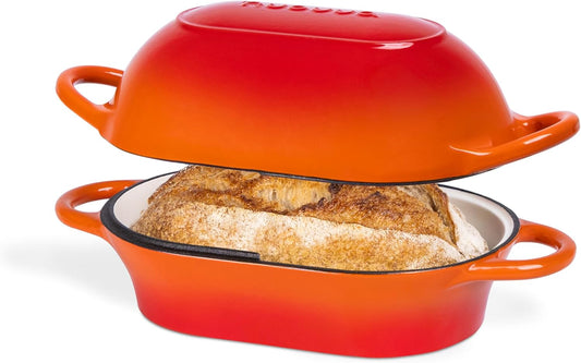 Dutch Oven For Sourdough Bread Baking – Enamelled Cast Iron Bread Loaf Pot – Oven Safe Non Stick Bread Pot – Rectangular, Orange, 24cm x 16cm – by Nuovva