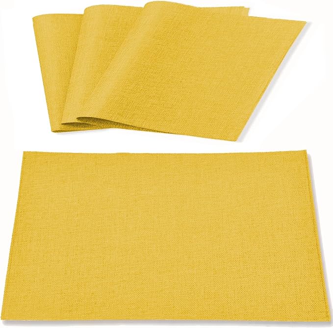 Linen Fabric Placemats Set of 4, Machine Washable, Heat Resistant, Wrinkle Free, Thick Polyester Kitchen Place Mats for Dining Table (Yellow)