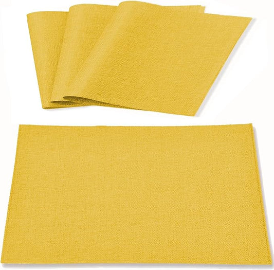Linen Fabric Placemats Set of 4, Machine Washable, Heat Resistant, Wrinkle Free, Thick Polyester Kitchen Place Mats for Dining Table (Yellow)