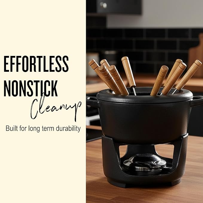 Alva Nori Cast Iron 2-Qt Fondue Pot Set – Made With No PTFE/PFOA/PFAS, Oven Safe – Works on Induction – 3-Layer Enamel, Easy to Clean, No Seasoning Needed – Includes 8 Forks, Burner & Stand