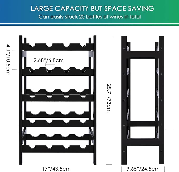SMIBUY Bamboo Wine Rack, 20 Bottles Display Holder, 5-Tier Free Standing Storage Shelves for Kitchen, Pantry, Cellar, Bar (Black)