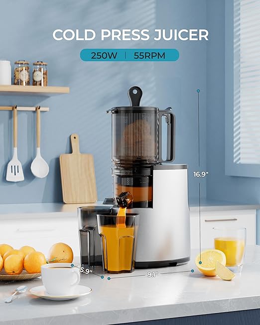 Cold Press Juicer, EUHOMY 5.5" Extra Large Feed Chute Slow Masticating Juicer, 250W Juicer Machines, 99.6% High Juice Yield, Easy to clean, Reverse Function, for Whole Vegetables & Fruits. Sliver