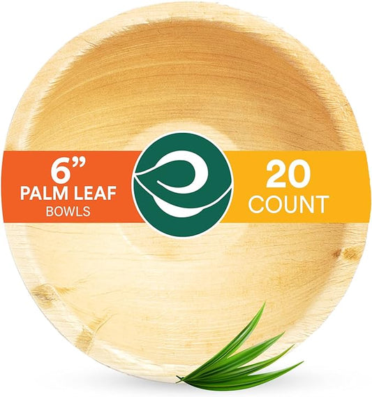 ECO SOUL Palm Leaf Bowl 20 pc, Small 6" (16 Oz) | Round Like Bamboo Bowls, Compostable, Biodegradable, Disposable Palm Leaf Bowls Eco-friendly | Sturdy, Microwave & Oven Safe