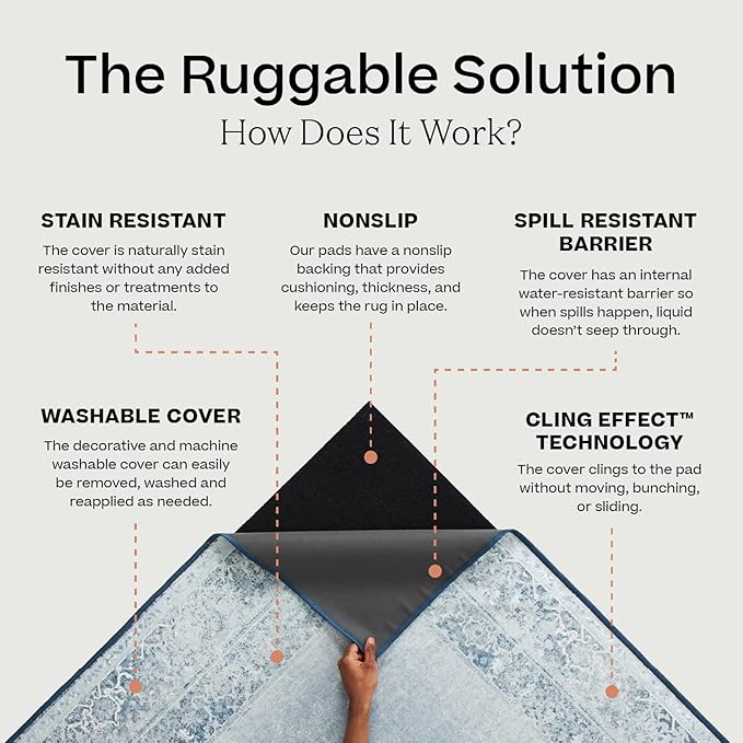 Ruggable Washable 2x10 Runner Rug, Kamran Ivory Opal, Premium Vintage Rugs for Hallway, Kitchen, Entryway, Living Room, Bedroom, Office with Gripper Non Slip Pad