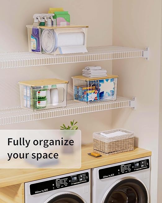 2 in 1 Trash Bag Dispenser Holder - Clear Acrylic Plastic Garbage Bags Container Tissue Box with Bamboo Lid Large Under Sink Organizer Kitchen Pantry Shelf Laundry Room Organization and Storage