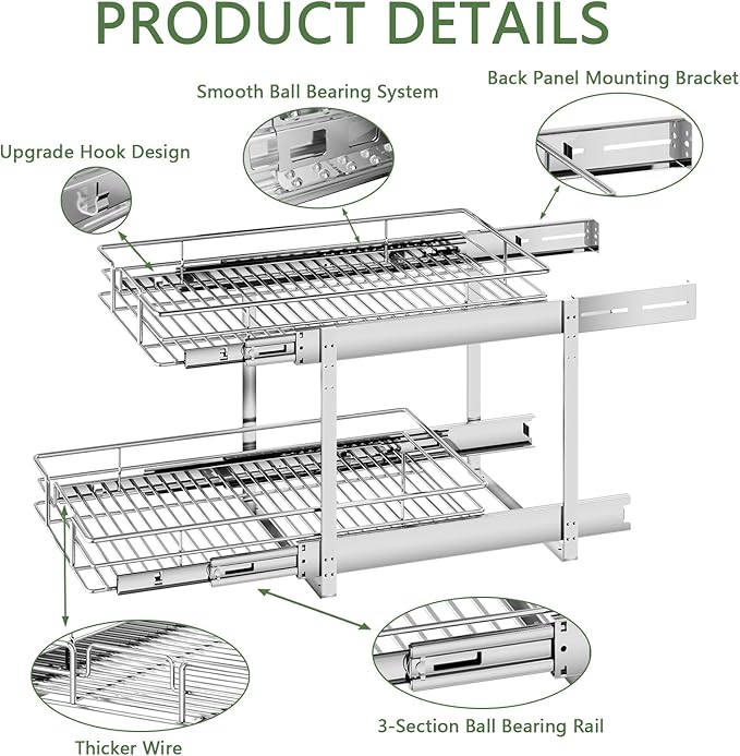 2 Tier Individual Pull Out Cabinet Organizer 13½" W x 18" D, Heavy Duty Cabinet Pull Out Shelves, Slide Out Drawers Organization for Kitchen Cabinets Bathroom