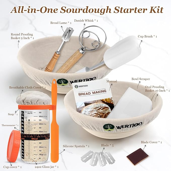 Sourdough Bread Baking Supplies, Sourdough Starter Kit, 2 9 Inch Round Banneton Bread Proofing Basket with 24 Oz Glass Jar, Sour Dough Tools with Danish Dough Whisk & Scraper
