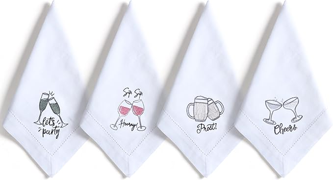 Bedding Craft Cotton Cloth Dinner Napkins Set of 12 – 18x18 Embroidered Motif with Decorative Hemstitch – Machine Washable Fabric Napkins for Weddings, Baby Showers, Christmas & Parties