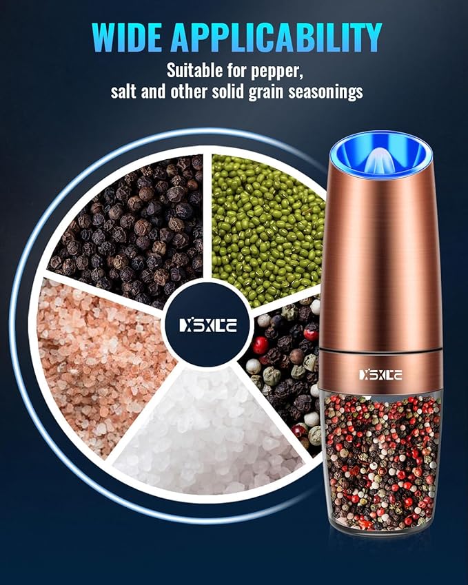 XinXu Gravity Electric Pepper/Salt Grinder, Salt or Pepper Mill, Adjustable Coarseness, Battery Powered with LED Light, One Hand Automatic Operation (Single/Copper)