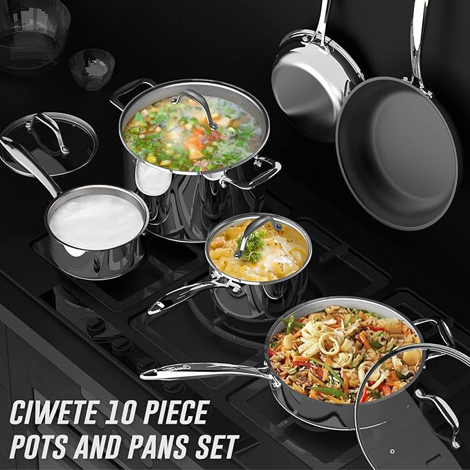 Stainless Steel Pots and Pans Set 10 Piece, Kitchen Cookware Set with Nonstick Frying Pans and Glass Lids, Induction Cookware Set, Including 2 Saucepans, Sauté pan, 2 Frying Pans, Stock Pot