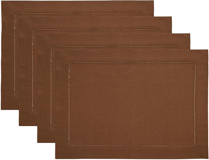 Solino Home Linen Placemats Set of 4 - Classic Hemstitch Brown Placemats 14 x 19 Inch - 100% Pure Linen Table Mats for Fall, Autumn, Thanksgiving