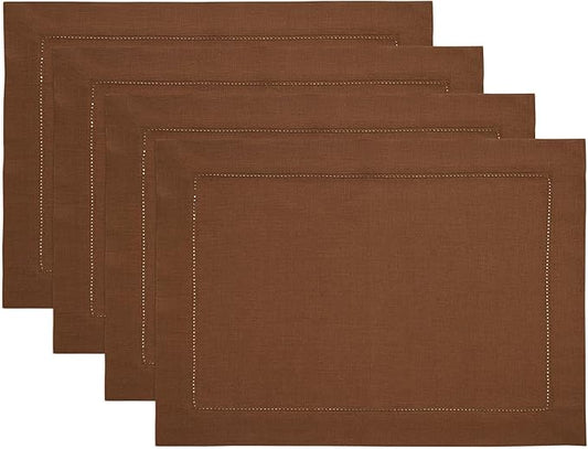 Solino Home Linen Placemats Set of 4 - Classic Hemstitch Brown Placemats 14 x 19 Inch - 100% Pure Linen Table Mats for Fall, Autumn, Thanksgiving
