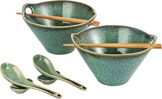 HENXFEN LEAD Japanese Ramen Noodle Bowl Set of 2-30 Oz Large Porcelain Salad Bowls with Chopsticks, Soup Spoons and Rests, Kitchen Serving Dishes for Pho, Udon